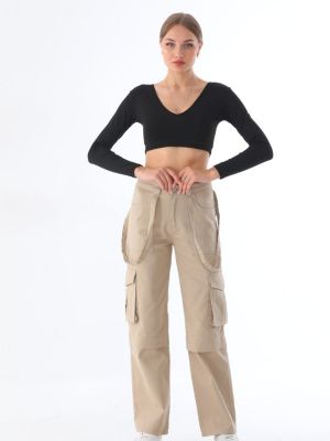 Карго панталони с висока талия с джобове Bi̇keli̇fe бежово