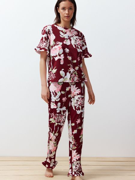 Pijamale din bumbac cu model floral tricotate Trendyol bordo