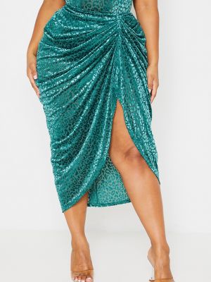 Леопардовая бархатная юбка миди с принтом Prettylittlething зеленая