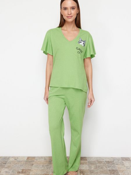 Pletena pamučna pidžama s printom Trendyol zelena