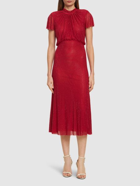 Sukienka midi z siateczką Self-portrait czerwona