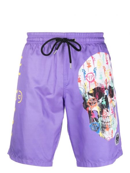 Bermuda kratke hlače s potiskom za na plažo Philipp Plein vijolična