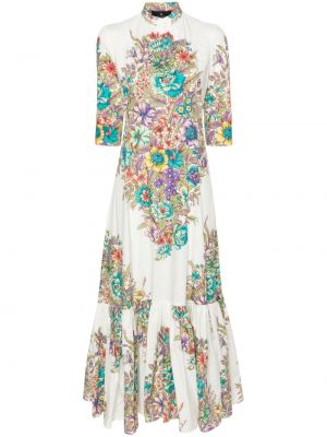 Květinové bavlněné dlouhé šaty s potiskem Etro bílé