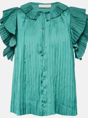 Плисирана сатенена блуза с волани Ulla Johnson зелено