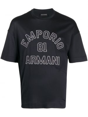 Памучна тениска бродирана Emporio Armani синьо