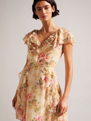 Платье мини без рукавов с v-образным вырезом с рюшами Ted Baker коричневое