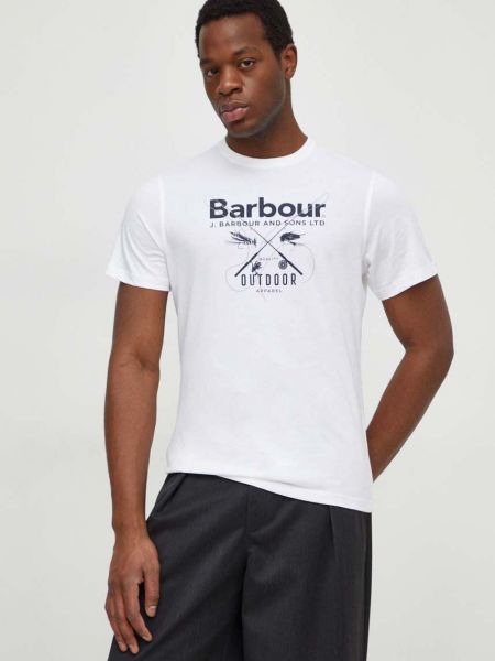 Bílé bavlněné tričko s potiskem Barbour