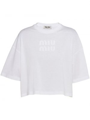 Bombažna majica z vezenjem Miu Miu bela