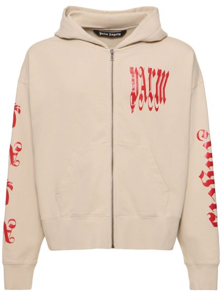 Pamučna hoodie s kapuljačom s patentnim zatvaračem Palm Angels bež