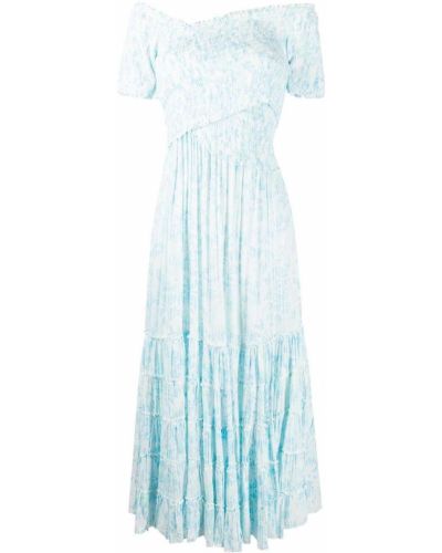 Платье миди в цветочный принт с открытыми плечами Poupette St Barth, синее
