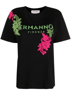 Памучна тениска бродирана Ermanno Firenze черно