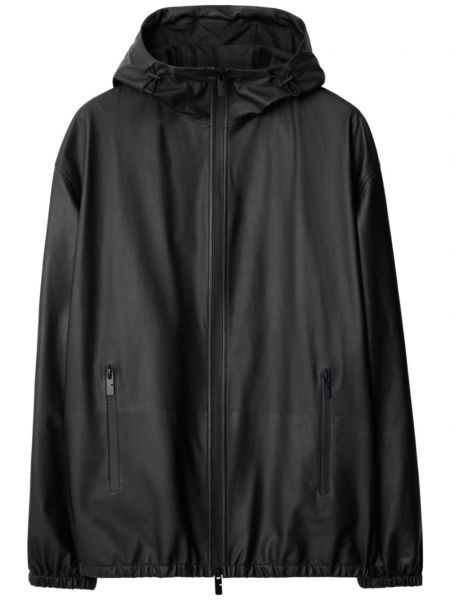 Usnjena jakna s kapuco Burberry črna