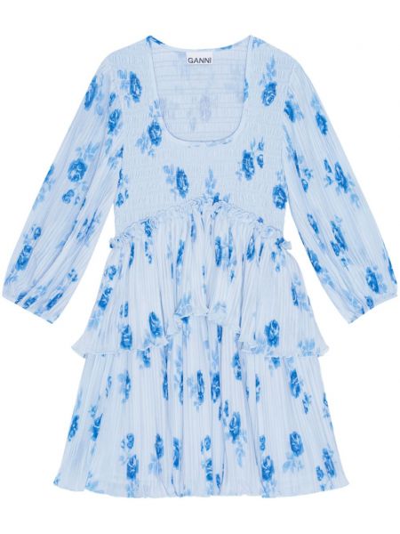 Plisseeritud mustriline lilleline kleit Ganni sinine