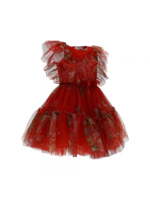 Sukienka w kwiatki tiulowa Monnalisa czerwona