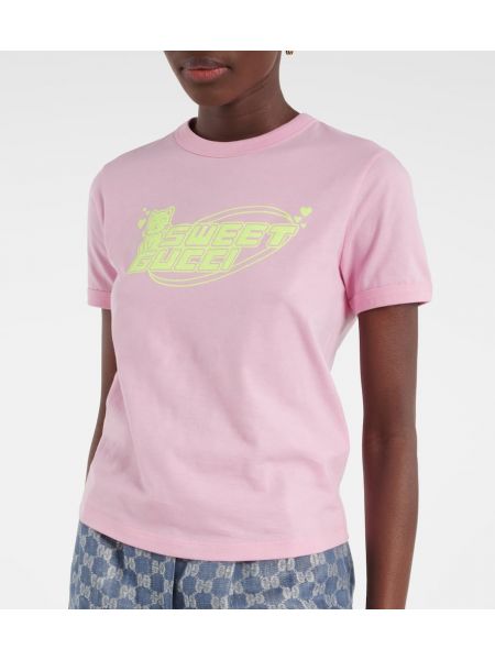 Bavlněné tričko s potiskem jersey Gucci růžové