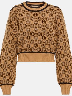 Sweter wełniany żakardowy Gucci brązowy