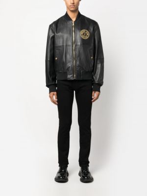 Kožená džínová bunda s výšivkou Versace Jeans Couture černá