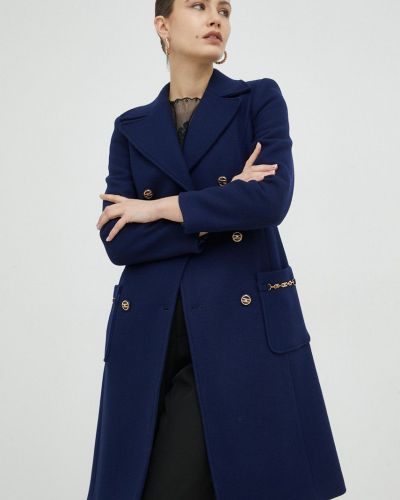 Vlněný kabát Elisabetta Franchi tmavomodrá barva, přechodný, dvouřadový