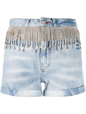 Shorts en jean à franges en cristal Philipp Plein bleu