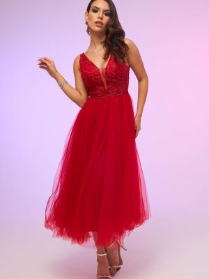 Midi haljina niski struk od tila Carmen crvena