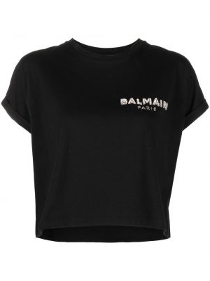 Flitrované tričko s okrúhlym výstrihom Balmain čierna