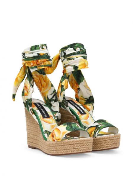Květinové sandály na klínovém podpatku s potiskem Dolce & Gabbana zelené