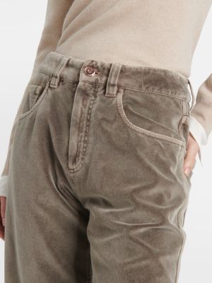 Pamučne hlače ravnih nogavica od samta Brunello Cucinelli zelena