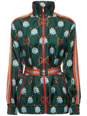 Hedvábná bunda na zip s potiskem Gucci zelená