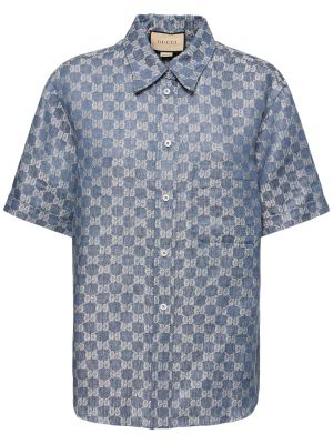Camicia di lino in tessuto jacquard Gucci blu