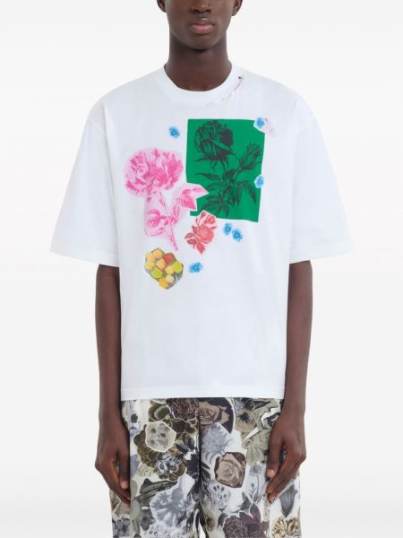Kokvilnas t-krekls ar ziediem ar apdruku Marni balts
