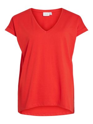 Jednofarebné bavlnené priliehavé tričko Vila - červená