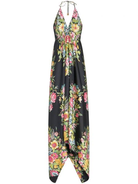 Svilena dolga obleka s cvetličnim vzorcem Etro črna