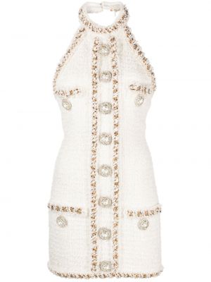 Křišťálové tvídové koktejlové šaty Balmain bílé