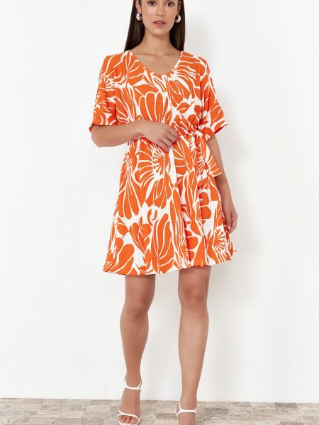 Pletena haljina s pojasom s printom bootcut Trendyol narančasta