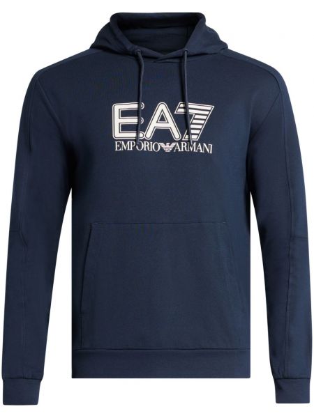 Baskılı pamuklu hoodie Ea7 Emporio Armani mavi