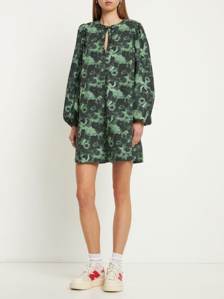Bombažna mini obleka s potiskom Ganni zelena