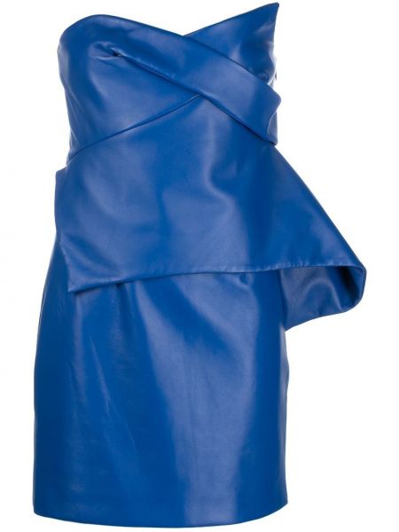 Asimetriska dabīgās ādas mini kleita ar drapējumu Genny zils