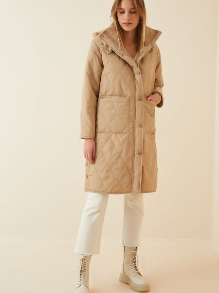 Oversized prošívaný kabát s kapucí Happiness İstanbul hnědý
