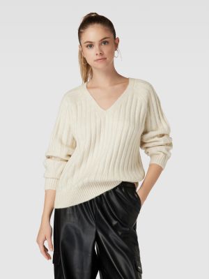 Dzianinowy sweter w jednolitym kolorze z dekoltem w serek Gina Tricot beżowy