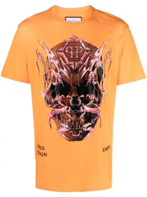 Памучна тениска с принт Philipp Plein оранжево