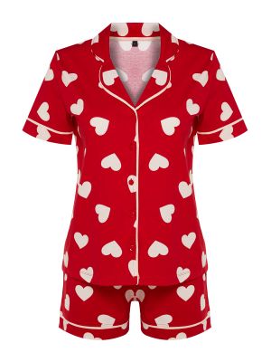 Dzianinowa piżama bawełniana w serca Trendyol czerwona