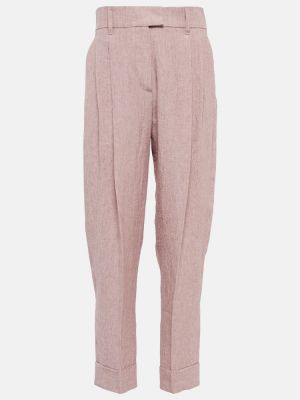 Pantaloni dritti a vita alta di lino baggy Brunello Cucinelli rosa