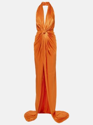 Vestido largo de seda con volantes Costarellos naranja