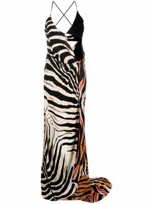 Asimetrična večerna obleka s potiskom z leopardjim vzorcem Roberto Cavalli črna