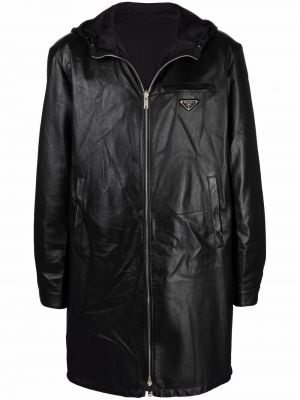 Kožený kabát na zips Prada čierna