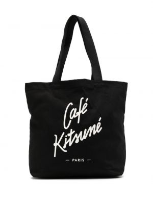 Памучни шопинг чанта с принт Café Kitsuné черно