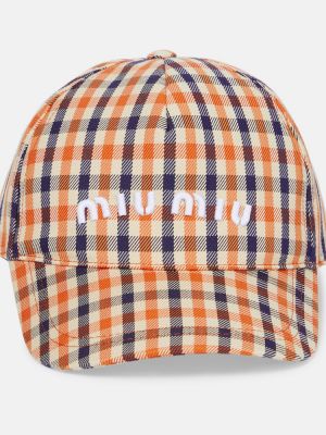 Bombažna kapa s šiltom s karirastim vzorcem Miu Miu oranžna
