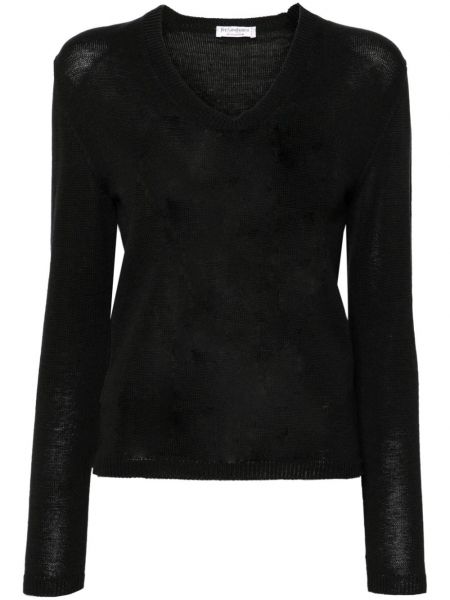 Bavlnený dlhý sveter s výstrihom do v Saint Laurent Pre-owned čierna
