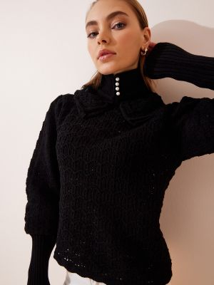 Ažūra džemperis ar augstu apkakli Happiness İstanbul melns