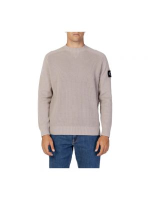 Dzianinowy sweter z okrągłym dekoltem Calvin Klein Jeans beżowy